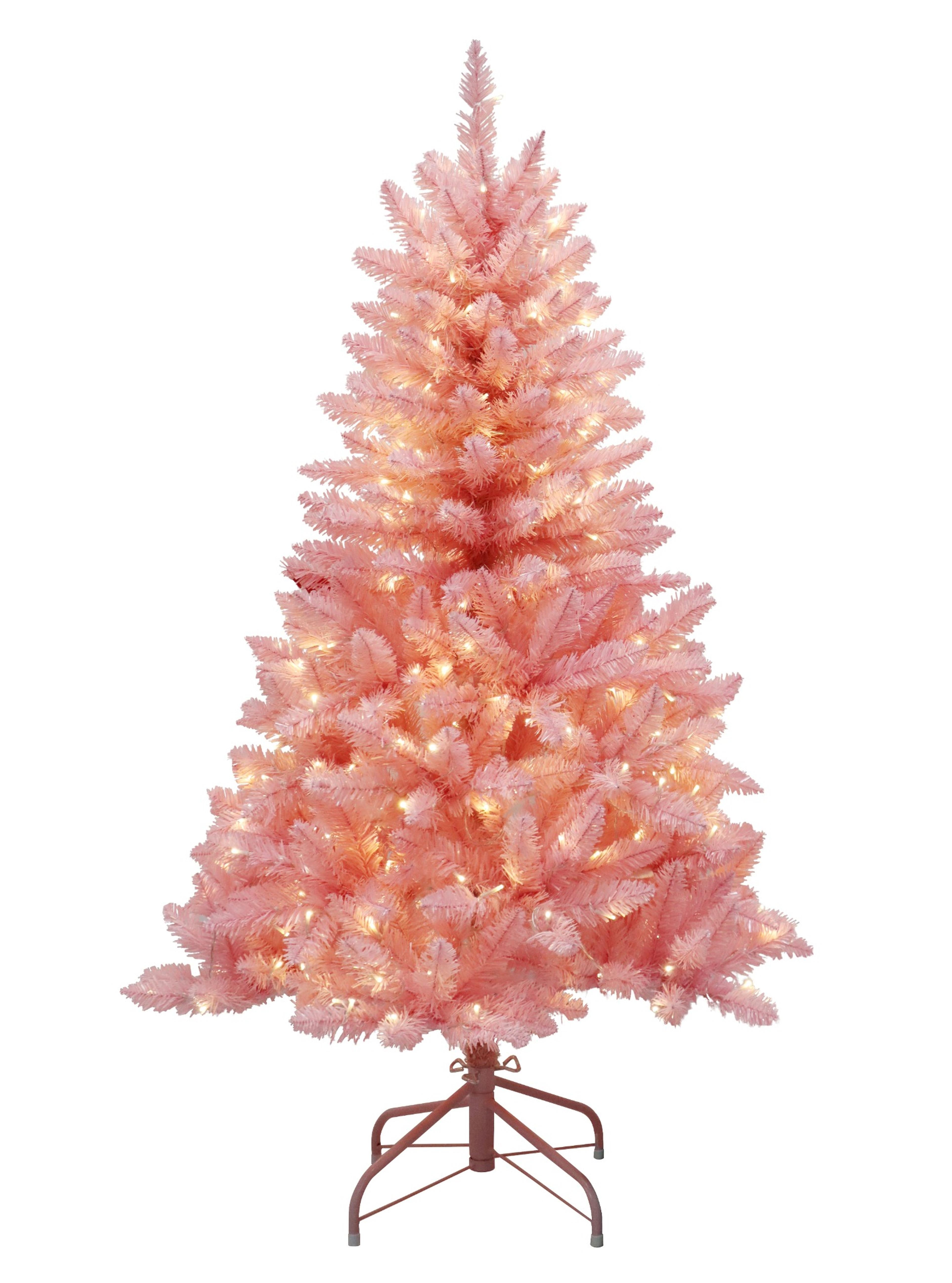 Puleo International 4.5ft Pre-Lit Evergreen Spruce Shiny Pink Tree with Dual Color LED Lights with Functions, Foot Pedal, and Remote Control